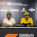 Sergio Perez (MEX) Force India, Fernando Alonso (ESP) McLaren, Carlos Sainz jr (ESP) Renault Sport F1 Team and Brendon Hartley (NZL) Scuderia Toro Rosso in the Press Conference at Formula One World Championship, Rd5, Spanish Grand Prix, Preparations, Barcelona, Spain, Thursday 10 May 2018. © Manuel Goria/Sutton Images