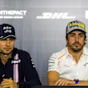 Sergio Perez (MEX) Force India and Fernando Alonso (ESP) McLaren in the Press Conference at Formula One World Championship, Rd5, Spanish Grand Prix, Preparations, Barcelona, Spain, Thursday 10 May 2018. © Manuel Goria/Sutton Images