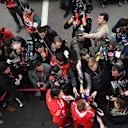 Sebastian Vettel (GER) Ferrari talks with the media at Formula One Testing, Day Three, Barcelona, Spain, 8 March 2018. © Jerry Andre/Sutton Images