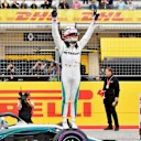 Pole sitter Lewis Hamilton, Mercedes AMG F1 celebrates in Parc Ferme at Formula World Championship, Rd18, United States Grand Prix, Qualifying, Circuit of the Americas, Austin, Texas, USA, Saturday 20 October 2018.