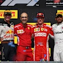 (L to R): Max Verstappen, Red Bull Racing, Carlo Santi, Ferrari Race Engineer, Race Winner Kimi Raikkonen, Ferrari and Lewis Hamilton, Mercedes AMG F1 celebrate on the podium at Formula One World Championship, Rd18, United States Grand Prix, Race, Circuit of the Americas, Austin, Texas, USA, Sunday 21 October 2018.