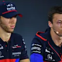 ABU DHABI, UNITED ARAB EMIRATES - NOVEMBER 28: Daniil Kvyat of Russia and Scuderia Toro Rosso and Pierre Gasly of France and Scuderia Toro Rosso look on in the Drivers Press Conference during previews ahead of the F1 Grand Prix of Abu Dhabi at Yas Marina Circuit on November 28, 2019 in Abu Dhabi, United Arab Emirates. (Photo by Clive Mason/Getty Images)