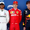 RED BULL RING, AUSTRIA - JUNE 29: Lewis Hamilton, Mercedes AMG F1, Pole Sitter Charles Leclerc, Ferrari and Max Verstappen, Red Bull Racing in Parc Ferme during the Austrian GP at Red Bull Ring on June 29, 2019 in Red Bull Ring, Austria. (Photo by Glenn Dunbar / LAT Images)