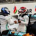 BAKU CITY CIRCUIT, AZERBAIJAN - APRIL 27: Pole man Valtteri Bottas, Mercedes AMG F1, and Lewis Hamilton, Mercedes AMG F1, congratulate each other after Qualifying during the Azerbaijan GP at Baku City Circuit on April 27, 2019 in Baku City Circuit, Azerbaijan. (Photo by Mark Sutton / Sutton Images)