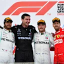BAKU CITY CIRCUIT, AZERBAIJAN - APRIL 28: Lewis Hamilton, Mercedes AMG F1, Race Winner Valtteri Bottas, Mercedes AMG F1 and Sebastian Vettel, Ferrari celebrate on the podium during the Azerbaijan GP at Baku City Circuit on April 28, 2019 in Baku City Circuit, Azerbaijan. (Photo by Mark Sutton / Sutton Images)