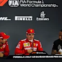 BAHRAIN INTERNATIONAL CIRCUIT, BAHRAIN - MARCH 30: Sebastian Vettel, Ferrari, Charles Leclerc, Ferrari, and Lewis Hamilton, Mercedes AMG F1, in the post Qualifying Press Conference during the Bahrain GP at Bahrain International Circuit on March 30, 2019 in Bahrain International Circuit, Bahrain. (Photo by Simon Galloway / Sutton Images)