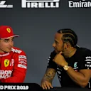 BAHRAIN INTERNATIONAL CIRCUIT, BAHRAIN - MARCH 30: Charles Leclerc, Ferrari, and Lewis Hamilton, Mercedes AMG F1, in the post Qualifying Press Conference during the Bahrain GP at Bahrain International Circuit on March 30, 2019 in Bahrain International Circuit, Bahrain. (Photo by Simon Galloway / Sutton Images)