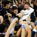 BAHRAIN INTERNATIONAL CIRCUIT, BAHRAIN - MARCH 31: Lewis Hamilton, Mercedes AMG F1, 1st position, celebrates with his team during the Bahrain GP at Bahrain International Circuit on March 31, 2019 in Bahrain International Circuit, Bahrain. (Photo by Glenn Dunbar / LAT Images)