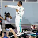 BAHRAIN INTERNATIONAL CIRCUIT, BAHRAIN - MARCH 31: Lewis Hamilton, Mercedes AMG F1, 1st position, celebrates at the end of the race during the Bahrain GP at Bahrain International Circuit on March 31, 2019 in Bahrain International Circuit, Bahrain. (Photo by Glenn Dunbar / LAT Images)