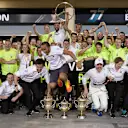 BAHRAIN INTERNATIONAL CIRCUIT, BAHRAIN - MARCH 31: Winner Lewis Hamilton, Mercedes AMG F1 and Valtteri Bottas, Mercedes AMG F1 celebrate with colleagues, including Toto Wolff, Executive Director (Business), Mercedes AMG during the Bahrain GP at Bahrain International Circuit on March 31, 2019 in Bahrain International Circuit, Bahrain. (Photo by Steve Etherington / LAT Images)