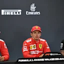 SPA-FRANCORCHAMPS, BELGIUM - AUGUST 31: Sebastian Vettel, Ferrari, pole man Charles Leclerc, Ferrari, and Lewis Hamilton, Mercedes AMG F1, in the Press Conference during the Belgian GP at Spa-Francorchamps on August 31, 2019 in Spa-Francorchamps, Belgium. (Photo by Simon Galloway / Sutton Images)