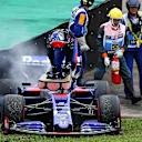 SAO PAULO, BRAZIL - NOVEMBER 15: Daniil Kvyat of Russia and Scuderia Toro Rosso climbs from his car after crashing during practice for the F1 Grand Prix of Brazil at Autodromo Jose Carlos Pace on November 15, 2019 in Sao Paulo, Brazil. (Photo by Charles Coates/Getty Images)