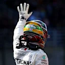 SAO PAULO, BRAZIL - NOVEMBER 16: Third place qualifier Lewis Hamilton of Great Britain and Mercedes GP celebrates in parc ferme during qualifying for the F1 Grand Prix of Brazil at Autodromo Jose Carlos Pace on November 16, 2019 in Sao Paulo, Brazil. (Photo by Dan Istitene/Getty Images)