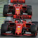 SAO PAULO, BRAZIL - NOVEMBER 17: Sebastian Vettel of Germany driving the (5) Scuderia Ferrari SF90 leads Charles Leclerc of Monaco driving the (16) Scuderia Ferrari SF90 on track during the F1 Grand Prix of Brazil at Autodromo Jose Carlos Pace on November 17, 2019 in Sao Paulo, Brazil. (Photo by Robert Cianflone/Getty Images)