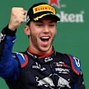 SAO PAULO, BRAZIL - NOVEMBER 17: Second placed Pierre Gasly of France and Scuderia Toro Rosso celebrates on the podium during the F1 Grand Prix of Brazil at Autodromo Jose Carlos Pace on November 17, 2019 in Sao Paulo, Brazil. (Photo by Mark Thompson/Getty Images)