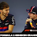 SAO PAULO, BRAZIL - NOVEMBER 17: Race winner Max Verstappen of Netherlands and Red Bull Racing and second placed Pierre Gasly of France and Scuderia Toro Rosso talk in the press conference after the F1 Grand Prix of Brazil at Autodromo Jose Carlos Pace on November 17, 2019 in Sao Paulo, Brazil. (Photo by Mark Thompson/Getty Images)