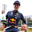 SAO PAULO, BRAZIL - NOVEMBER 17: Race winner Max Verstappen of Netherlands and Red Bull Racing and his team celebrate after the F1 Grand Prix of Brazil at Autodromo Jose Carlos Pace on November 17, 2019 in Sao Paulo, Brazil. (Photo by Mark Thompson/Getty Images)