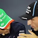 SAO PAULO, BRAZIL - NOVEMBER 14: Robert Kubica of Poland and Williams and Sergio Perez of Mexico and Racing Point talk in the Drivers Press Conference during previews ahead of the F1 Grand Prix of Brazil at Autodromo Jose Carlos Pace on November 14, 2019 in Sao Paulo, Brazil. (Photo by Robert Cianflone/Getty Images)