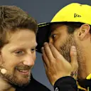 SAO PAULO, BRAZIL - NOVEMBER 14: Daniel Ricciardo of Australia and Renault Sport F1 and Romain Grosjean of France and Haas F1 talk in the Drivers Press Conference during previews ahead of the F1 Grand Prix of Brazil at Autodromo Jose Carlos Pace on November 14, 2019 in Sao Paulo, Brazil. (Photo by Robert Cianflone/Getty Images)