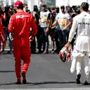 CIRCUIT GILLES-VILLENEUVE, CANADA - JUNE 08: Top three Qualifiers, pole man Sebastian Vettel, Ferrari, third placed Charles Leclerc, Ferrari, and Lewis Hamilton, Mercedes AMG F1, after Qualifying during the Canadian GP at Circuit Gilles-Villeneuve on June 08, 2019 in Circuit Gilles-Villeneuve, Canada. (Photo by Steven Tee / LAT Images)