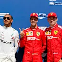 CIRCUIT GILLES-VILLENEUVE, CANADA - JUNE 08: Top three Qualifiers Lewis Hamilton, Mercedes AMG F1, pole man Sebastian Vettel, Ferrari, and Charles Leclerc, Ferrari during the Canadian GP at Circuit Gilles-Villeneuve on June 08, 2019 in Circuit Gilles-Villeneuve, Canada. (Photo by Steven Tee / LAT Images)