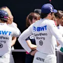 CIRCUIT GILLES-VILLENEUVE, CANADA - JUNE 08: Sergio Perez, Racing Point, and Lance Stroll, Racing Point, in the media pen after Qualifying during the Canadian GP at Circuit Gilles-Villeneuve on June 08, 2019 in Circuit Gilles-Villeneuve, Canada. (Photo by Glenn Dunbar / LAT Images)