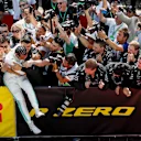 CIRCUIT GILLES-VILLENEUVE, CANADA - JUNE 09: Lewis Hamilton, Mercedes AMG F1, 1st position, celebrates in Parc Ferme with his team during the Canadian GP at Circuit Gilles-Villeneuve on June 09, 2019 in Circuit Gilles-Villeneuve, Canada. (Photo by Steven Tee / LAT Images)
