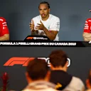CIRCUIT GILLES-VILLENEUVE, CANADA - JUNE 09: Sebastian Vettel, Ferrari, Lewis Hamilton, Mercedes AMG F1 and Charles Leclerc, Ferrari in Press Conference during the Canadian GP at Circuit Gilles-Villeneuve on June 09, 2019 in Circuit Gilles-Villeneuve, Canada. (Photo by Zak Mauger / LAT Images)