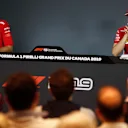 CIRCUIT GILLES-VILLENEUVE, CANADA - JUNE 09: Sebastian Vettel, Ferrari and Charles Leclerc, Ferrari in Press Conference during the Canadian GP at Circuit Gilles-Villeneuve on June 09, 2019 in Circuit Gilles-Villeneuve, Canada. (Photo by Zak Mauger / LAT Images)