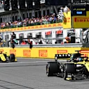 CIRCUIT GILLES-VILLENEUVE, CANADA - JUNE 09: Daniel Ricciardo, Renault R.S.19, leads Nico Hulkenberg, Renault R.S. 19, past the chequered flag during the Canadian GP at Circuit Gilles-Villeneuve on June 09, 2019 in Circuit Gilles-Villeneuve, Canada. (Photo by Simon Galloway / Sutton Images)