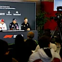 SHANGHAI INTERNATIONAL CIRCUIT, CHINA - APRIL 11: Alexander Albon, Toro Rosso, Kimi Raikkonen, Alfa Romeo Racing, Sergio Perez, Racing Point and Romain Grosjean, Haas F1 in Press Conference during the Chinese GP at Shanghai International Circuit on April 11, 2019 in Shanghai International Circuit, China. (Photo by Andy Hone / LAT Images)