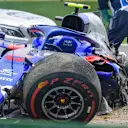 SHANGHAI INTERNATIONAL CIRCUIT, CHINA - APRIL 13: The damaged car of Alexander Albon, Toro Rosso STR14, after his crash towards the end of practice 3 during the Chinese GP at Shanghai International Circuit on April 13, 2019 in Shanghai International Circuit, China. (Photo by Jerry Andre / Sutton Images)