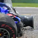 SHANGHAI INTERNATIONAL CIRCUIT, CHINA - APRIL 13: The damaged car of Alexander Albon, Toro Rosso STR14, after his crash towards the end of practice 3 during the Chinese GP at Shanghai International Circuit on April 13, 2019 in Shanghai International Circuit, China. (Photo by Jerry Andre / Sutton Images)