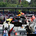 HOCKENHEIMRING, GERMANY - JULY 26: Marshals deal with the damaged car of Pierre Gasly, Red Bull Racing RB15 during the German GP at Hockenheimring on July 26, 2019 in Hockenheimring, Germany. (Photo by Mark Sutton / Sutton Images)