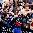 HOCKENHEIMRING, GERMANY - JULY 28: Daniil Kvyat, Toro Rosso celebrates with his team in Parc Ferme during the German GP at Hockenheimring on July 28, 2019 in Hockenheimring, Germany. (Photo by Steven Tee / LAT Images)