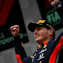 HOCKENHEIMRING, GERMANY - JULY 28: Max Verstappen, Red Bull Racing, 1st position, on the podium during the German GP at Hockenheimring on July 28, 2019 in Hockenheimring, Germany. (Photo by Andy Hone / LAT Images)