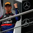 HOCKENHEIMRING, GERMANY - JULY 28: Daniil Kvyat, Toro Rosso, 3rd position, on the podium during the German GP at Hockenheimring on July 28, 2019 in Hockenheimring, Germany. (Photo by Andy Hone / LAT Images)