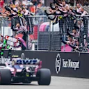 HOCKENHEIMRING, GERMANY - JULY 28: The Racing Point team cheer Lance Stroll, Racing Point RP19, over the line during the German GP at Hockenheimring on July 28, 2019 in Hockenheimring, Germany. (Photo by Sam Bloxham / LAT Images)