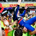 HOCKENHEIMRING, GERMANY - JULY 28: Daniil Kvyat, Toro Rosso, 3rd position, and the Toro Rosso team celebrate during the German GP at Hockenheimring on July 28, 2019 in Hockenheimring, Germany. (Photo by Andy Hone / LAT Images)