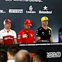 HOCKENHEIMRING, GERMANY - JULY 25: Carlos Sainz Jr, McLaren, Kimi Raikkonen, Alfa Romeo Racing, Sebastian Vettel, Ferrari, Nico Hulkenberg, Renault F1 Team andAlexander Albon, Toro Rosso in Press Conference during the German GP at Hockenheimring on July 25, 2019 in Hockenheimring, Germany. (Photo by Andy Hone / LAT Images)