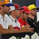 HOCKENHEIMRING, GERMANY - JULY 25: Carlos Sainz Jr, McLaren, Kimi Raikkonen, Alfa Romeo Racing, Sebastian Vettel, Ferrari, Nico Hulkenberg, Renault F1 Team and Alexander Albon, Toro Rosso in the Press Conference during the German GP at Hockenheimring on July 25, 2019 in Hockenheimring, Germany. (Photo by Mark Sutton / Sutton Images)