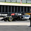 SILVERSTONE, UNITED KINGDOM - JULY 12: Romain Grosjean, Haas VF-19 crashes at the end of the pit lane during the British GP at Silverstone on July 12, 2019 in Silverstone, United Kingdom. (Photo by Mark Sutton / Sutton Images)