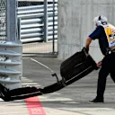 SILVERSTONE, UNITED KINGDOM - JULY 12: A Marshal removes the front wing of Romain Grosjean, Haas VF-19 during the British GP at Silverstone on July 12, 2019 in Silverstone, United Kingdom. (Photo by Mark Sutton / Sutton Images)