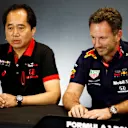 SILVERSTONE, UNITED KINGDOM - JULY 12: Toyoharu Tanabe, F1 Technical Director, Honda, and Christian Horner, Team Principal, Red Bull Racing, in the team principals Press Conference during the British GP at Silverstone on July 12, 2019 in Silverstone, United Kingdom. (Photo by Andy Hone / LAT Images)