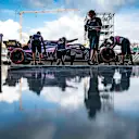 SILVERSTONE, UNITED KINGDOM - JULY 12: Sergio Perez, Racing Point RP19, outside the garage with Racing Point mechanics during the British GP at Silverstone on July 12, 2019 in Silverstone, United Kingdom. (Photo by Glenn Dunbar / LAT Images)