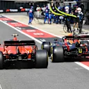 SILVERSTONE, UNITED KINGDOM - JULY 14: Charles Leclerc, Ferrari SF90 and Max Verstappen, Red Bull Racing RB15 wheel to wheel in the pit lane during the British GP at Silverstone on July 14, 2019 in Silverstone, United Kingdom. (Photo by Mark Sutton / Sutton Images)