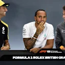 SILVERSTONE, UNITED KINGDOM - JULY 11: Daniel Ricciardo, Renault F1 Team, Lewis Hamilton, Mercedes AMG F1 and Lando Norris, McLaren in the Press Conference during the British GP at Silverstone on July 11, 2019 in Silverstone, United Kingdom. (Photo by Gareth Harford / Sutton Images)