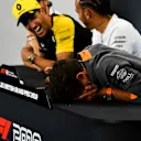 SILVERSTONE, UNITED KINGDOM - JULY 11: Daniel Ricciardo, Renault F1 Team and Lando Norris, McLaren laughing in the Press Conference during the British GP at Silverstone on July 11, 2019 in Silverstone, United Kingdom. (Photo by Mark Sutton / Sutton Images)