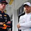 HUNGARORING, HUNGARY - AUGUST 03: Front row starters Max Verstappen, Red Bull Racing, and Valtteri Bottas, Mercedes AMG F1 during the Hungarian GP at Hungaroring on August 03, 2019 in Hungaroring, Hungary. (Photo by Mark Sutton / Sutton Images)