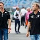 HUNGARORING, HUNGARY - AUGUST 03: Romain Grosjean, Haas F1, and Kevin Magnussen, Haas F1 during the Hungarian GP at Hungaroring on August 03, 2019 in Hungaroring, Hungary. (Photo by Andy Hone / LAT Images)
